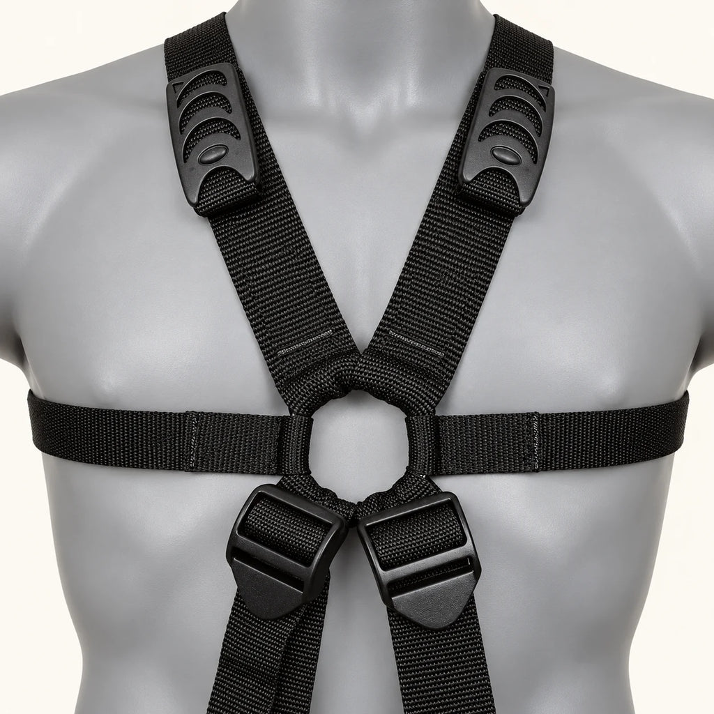 Front detail of the Dual Delight sling harness on a grey display bust, showing black webbing, adjustment buckles and central ring.