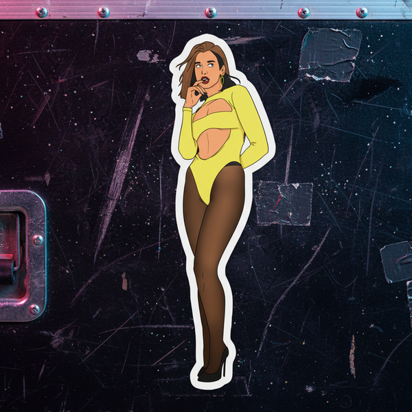 Bubble-Free Sticker showing a fierce brunet person in a yellow bodysuit and sheer black tights, set on scuffed metal