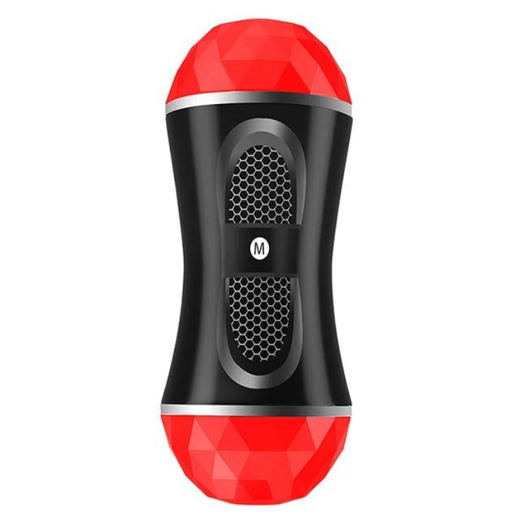 Front view of a black capsule-shaped sex machine with red faceted ends and a honeycomb grille
