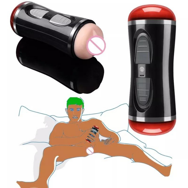 Black-and-red male sex machine shown from two angles beside an illustration of its use