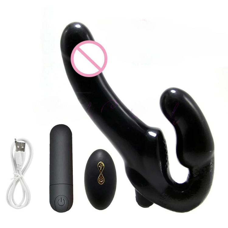 Black curved strapless dildo with separate remote, bullet vibrator, and USB cable