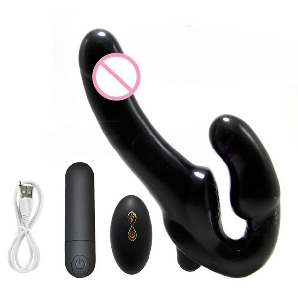 Black curved strapless dildo with separate remote, bullet vibrator, and USB cable