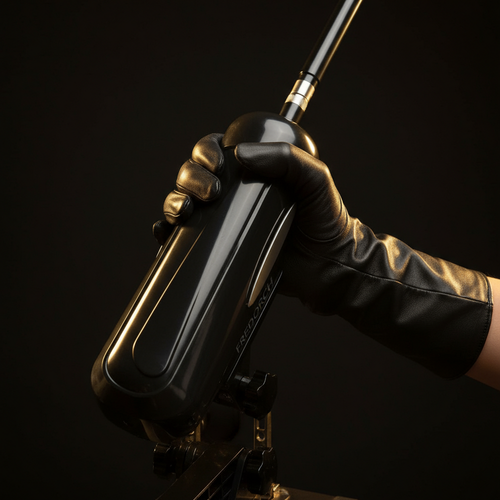 Black thrusting sex machine held in a black leather-gloved hand, angled on its stand