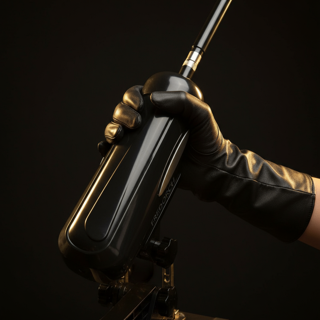Black thrusting sex machine held in a black leather-gloved hand, angled on its stand