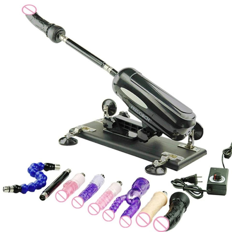 Black thrusting sex machine with base, control dial, and interchangeable attachments