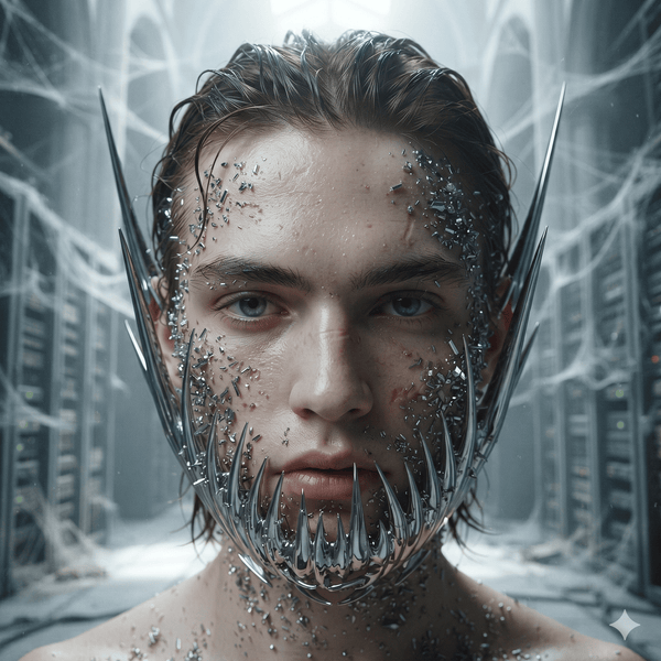 Front-facing model wearing a spiked silver metal mask around the face and jaw