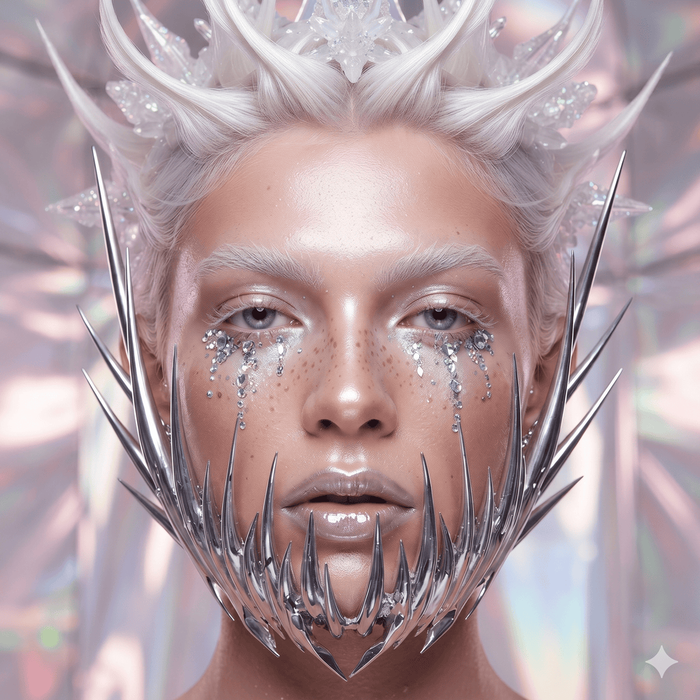 Front-facing model wearing a reflective silver mask with numerous pointed spikes around the jaw and cheeks
