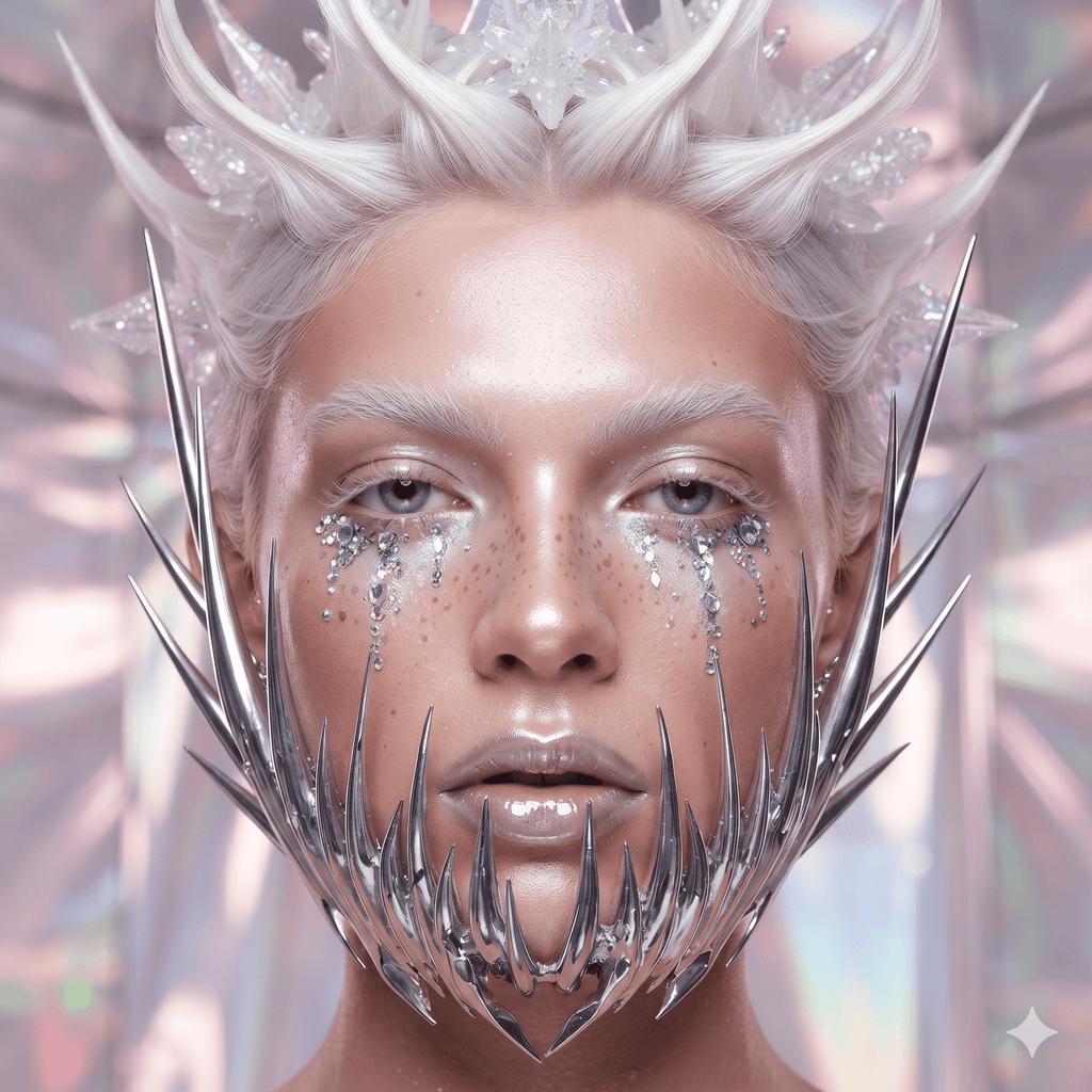 Front-facing model wearing a reflective silver mask with numerous pointed spikes around the jaw and cheeks