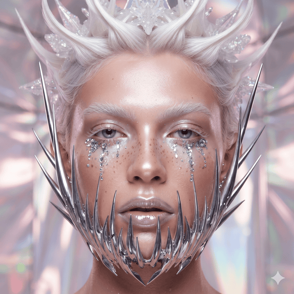 Front-facing model wearing a reflective silver mask with numerous pointed spikes around the jaw and cheeks