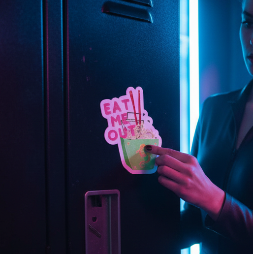 Eat Me Out Bubble-Free Sticker with a green drink, whipped cream, straws, bold pink “EAT ME OUT” text on a dark locker