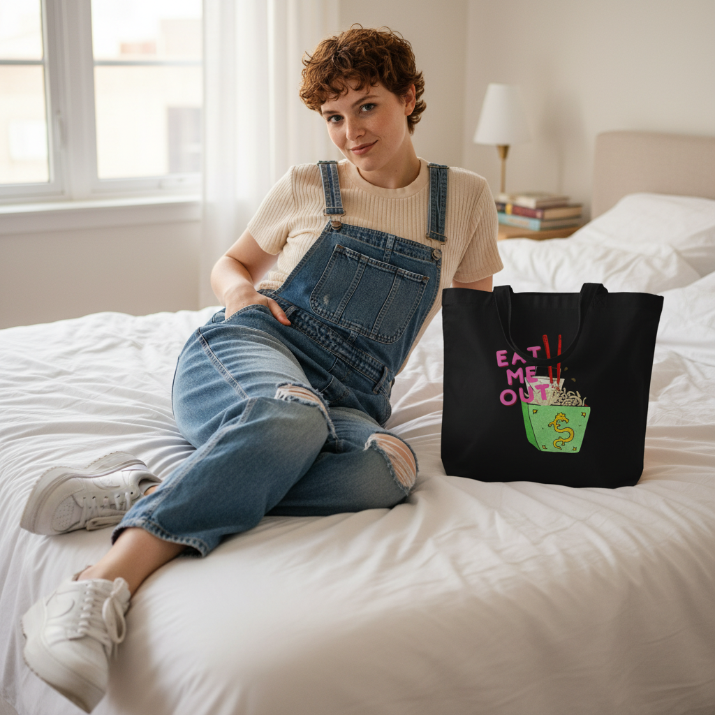 Eat Me Out Eco Tote Bag featuring a green noodle bowl and "EAT ME OUT" slogan, beside a person in denim overalls on a bed