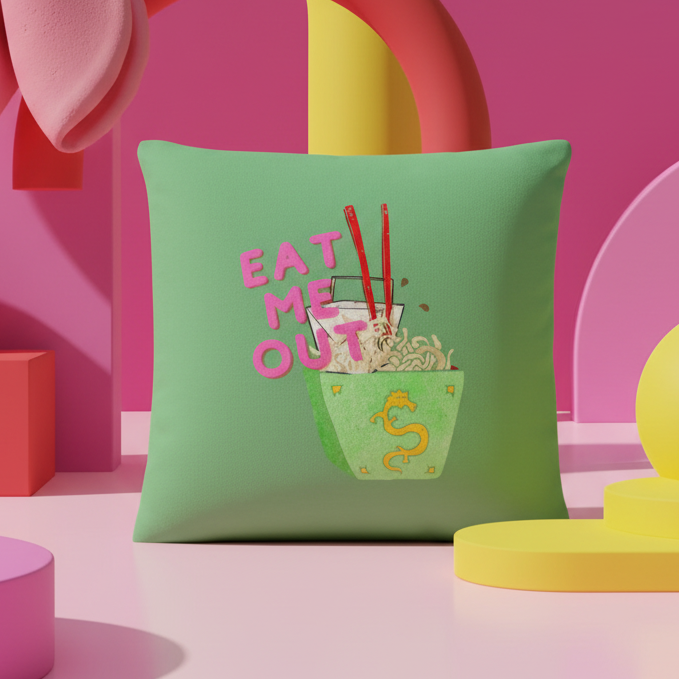 Eat Me Out Pillow with a takeout box, noodles, red chopsticks
