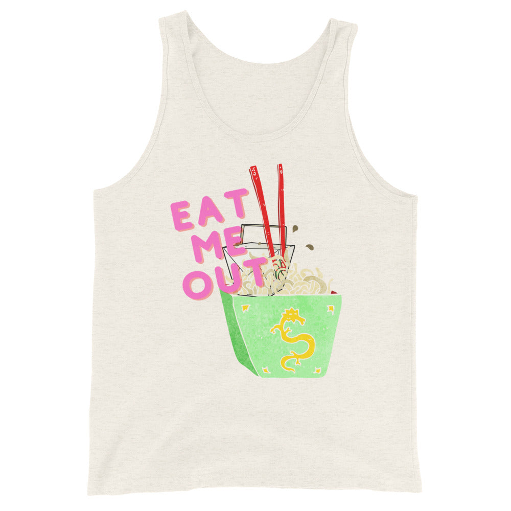 Cream unisex tank top featuring a green takeout box with noodles, red chopsticks, yellow dragon