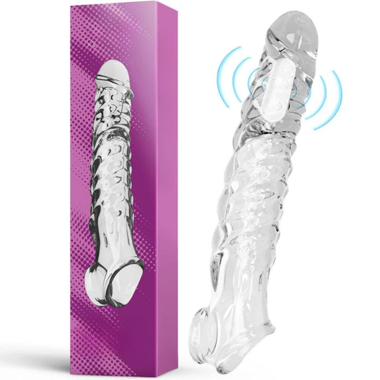 Clear textured penis sleeve extender beside its purple box, with blue vibration lines