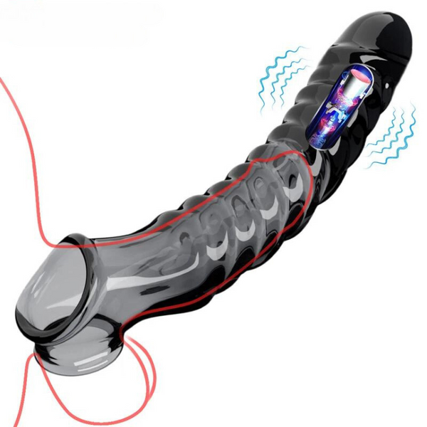 Angled view of a black penis sleeve extender with a clear tip and attached vibrating bullet