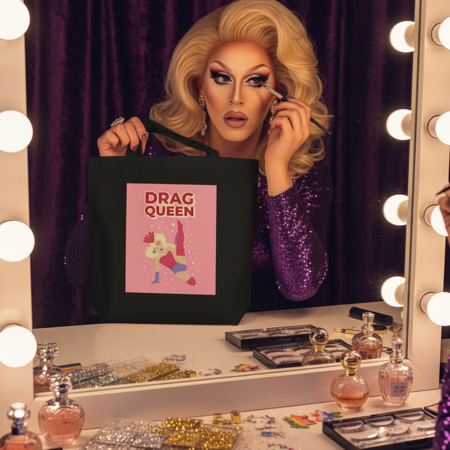 Drag Queen Eco Tote Bag held by a drag performer in a sparkly outfit, surrounded by makeup essentials. This organic cotton tote, featuring a bold graphic, embodies pride and self-expression.