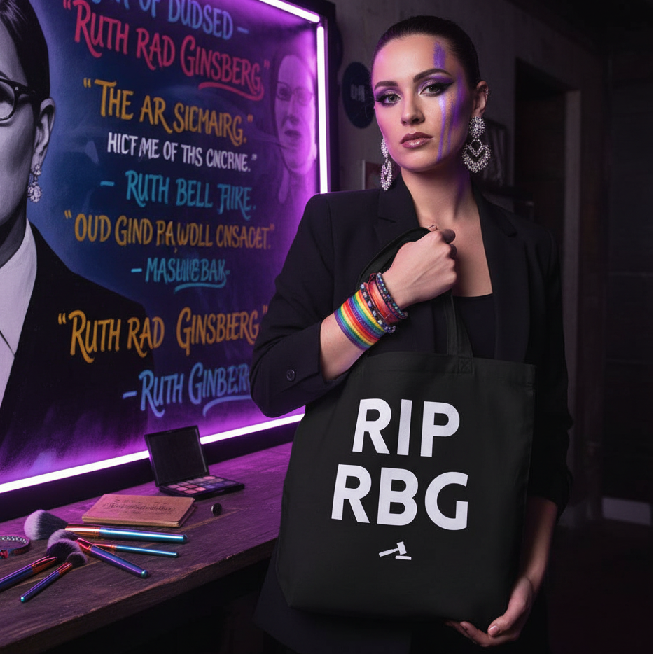 Woman holding the RIP RBG Eco Tote Bag, featuring bold white lettering and gavel icon, amidst vibrant queer-friendly mural and beauty accessories, embodying colorful, prideful self-expression and empowerment in a stylish, eco-conscious fashion.
