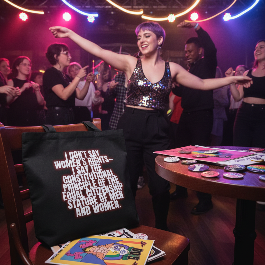 Black eco tote bag with “I DON’T SAY WOMEN’S RIGHTS—” slogan at a lively dance event