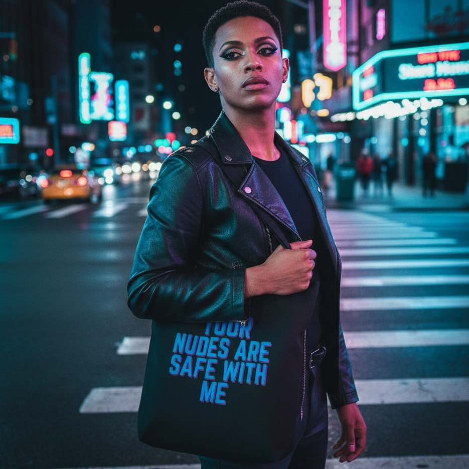 Black tote bag reading “YOUR NUDES ARE SAFE WITH ME,” carried on a neon-lit city street