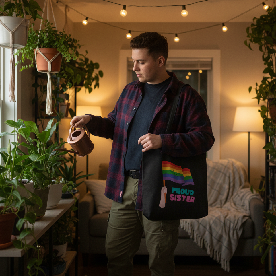 A person waters houseplants, showcasing the Proud Sister Eco Tote Bag with its rainbow-flag graphic. This organic cotton tote embodies queer pride and eco-consciousness, perfect for bold, expressive self-expression.