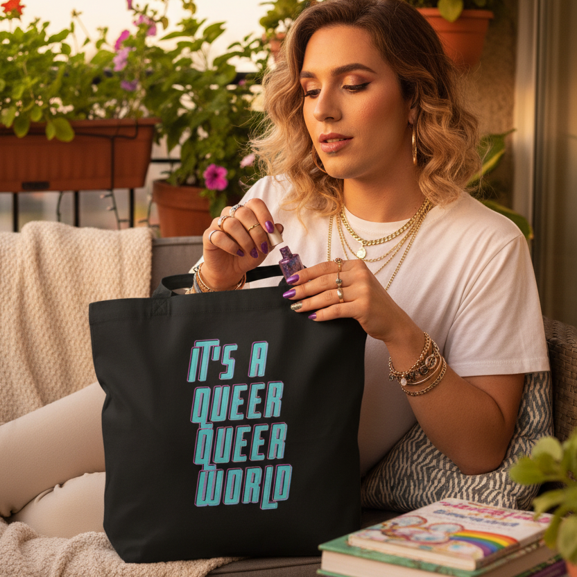 Person on a lush patio holds a dropper bottle, with It's A Queer Queer World Eco Tote Bag on their lap, showcasing bold pride messaging in an empowering, inclusive style amidst colorful books and plants.