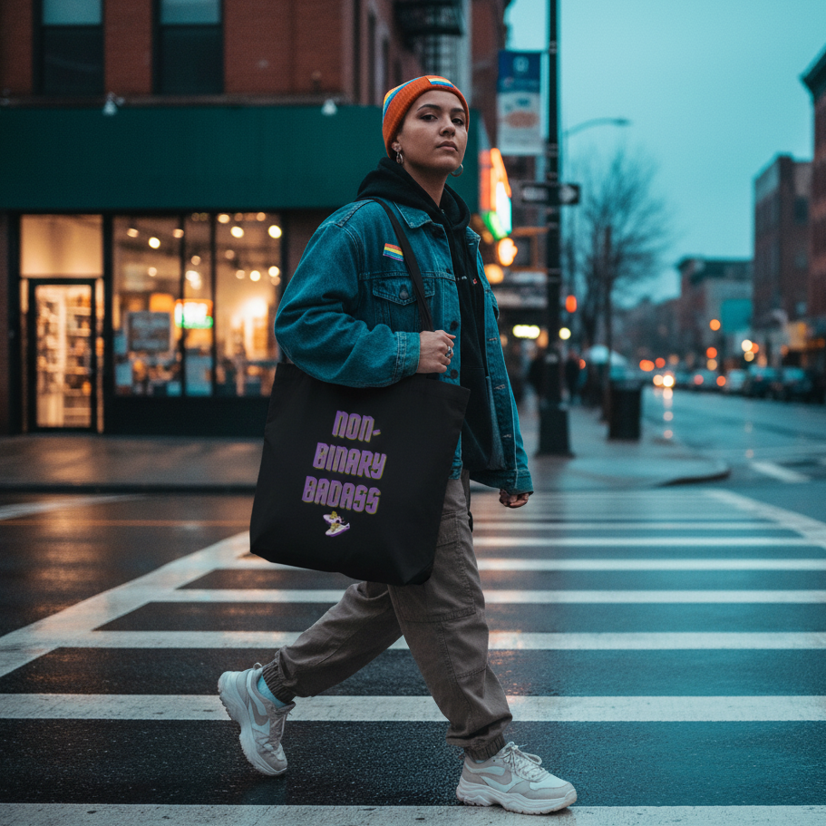 Person strides confidently with the Non-Binary Badass Eco Tote Bag, its empowering purple text visible. The black organic cotton bag complements their casual streetwear, embodying self-expression and pride amidst an urban evening backdrop.