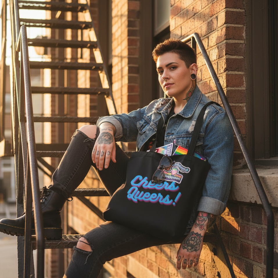 Person in edgy attire sits on staircase, showcasing a Cheers Queers! Eco Tote Bag with pride flag and sunglasses, embodying bold queer energy and self-expression.