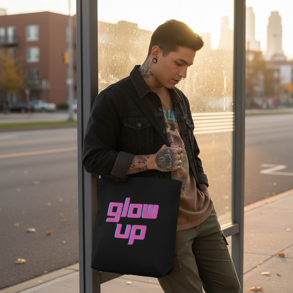 Black tote bag with colorful “glow up” lettering, carried by a person at a city bus stop