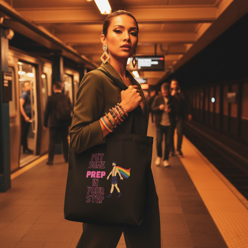 A stylish woman holds the Put Some PREP In Your Step Eco Tote Bag, featuring a rainbow-caped figure. This organic cotton tote embodies pride and empowerment on a bustling subway platform.