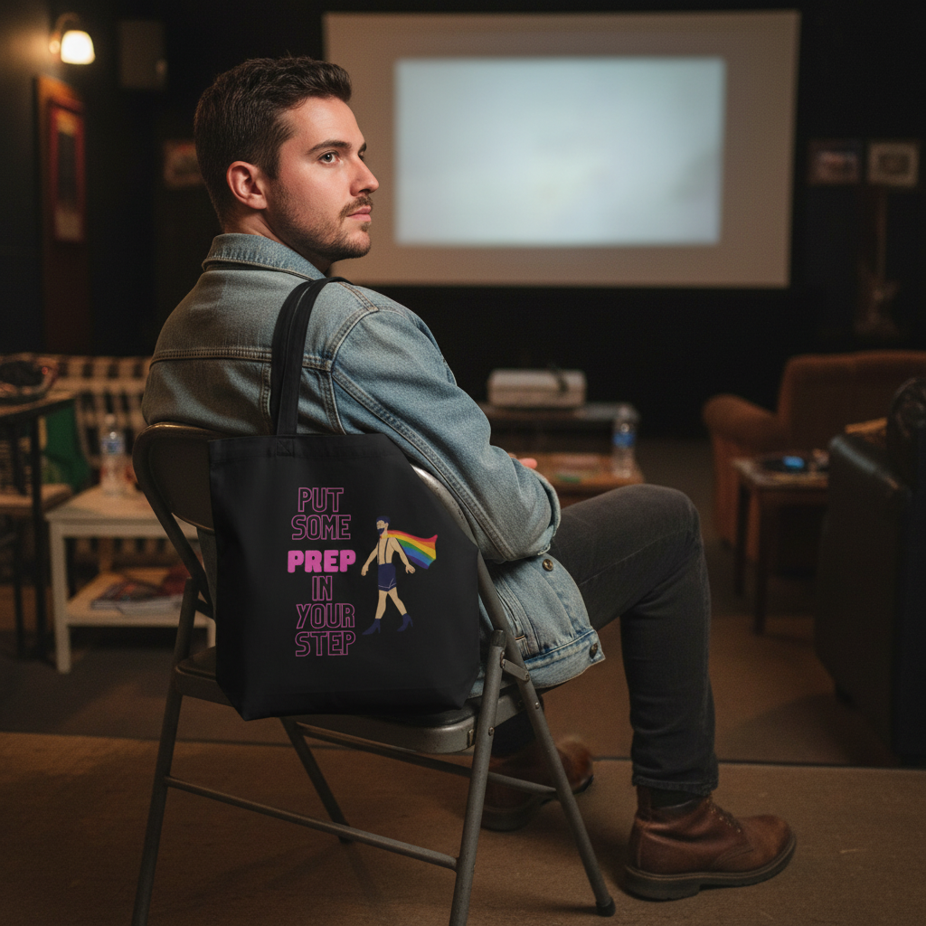 Eco tote bag in black organic cotton, reading "Put Some PREP In Your Step," with rainbow flag art, hangs on a chair.