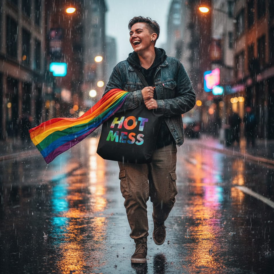 Person struts through rain-soaked city streets with Hot Mess Eco Tote Bag, a black organic cotton bag showcasing rainbow letters and a pride flag, embodying queer pride and eco-conscious style.