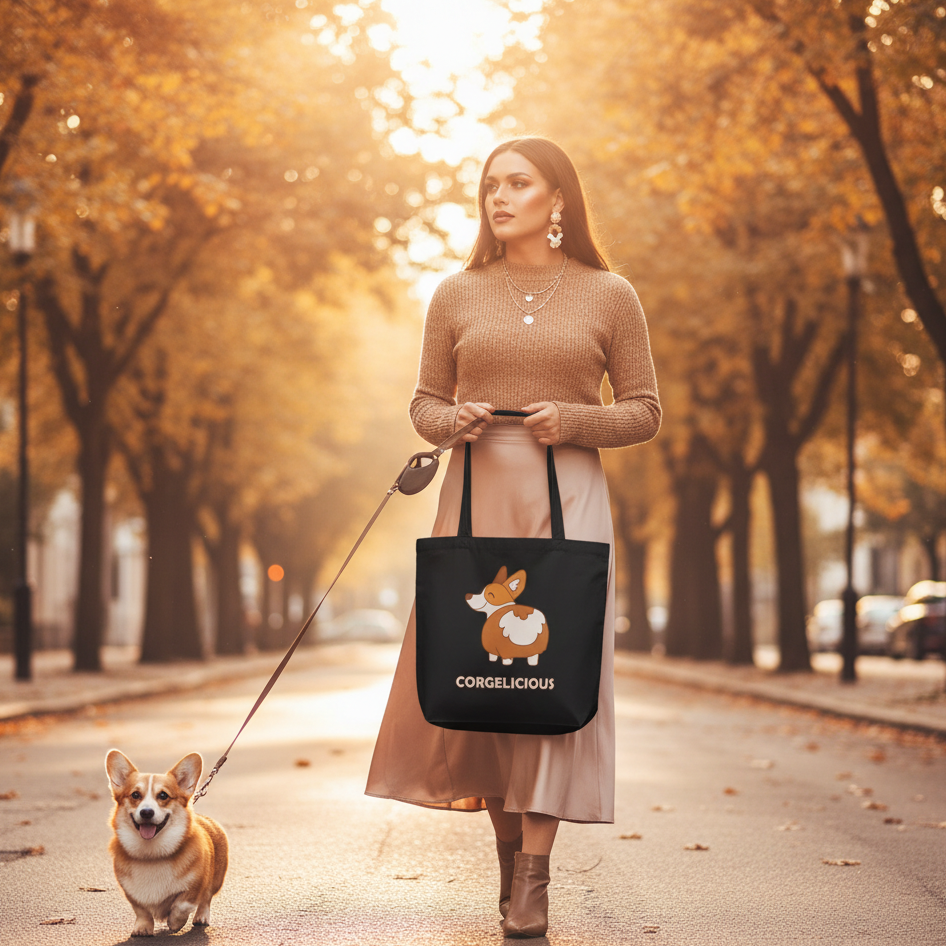 Black Corgelicious tote bag with corgi graphic and logo, carried on an autumn street