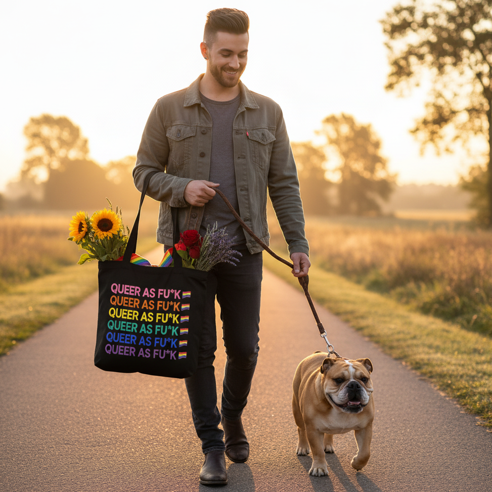 Young man walks a bulldog at sunset, carrying the Queer As Fu#k Eco Tote Bag filled with vibrant flowers, showcasing prideful self-expression and eco-conscious style in organic cotton.
