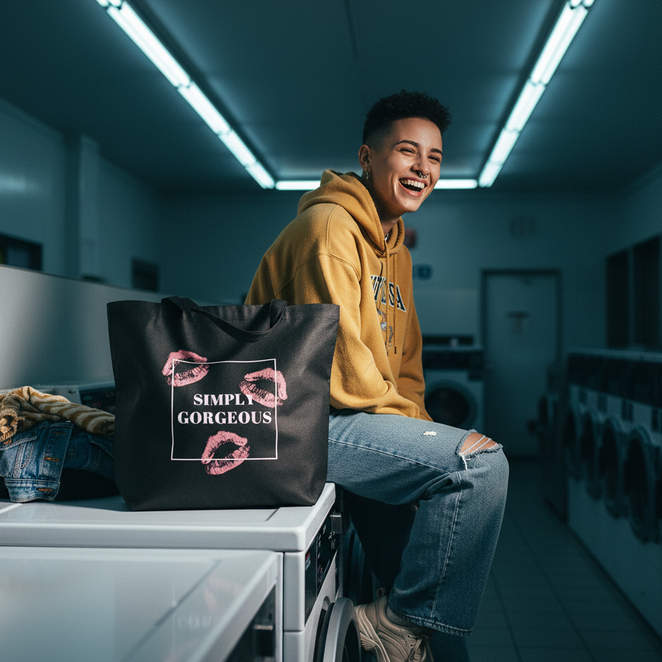 Young person joyfully sits on laundromat machines, sporting a Simply Gorgeous Eco Tote Bag adorned with pink lipstick-kiss marks, embodying bold queer pride and eco-friendly fashion.