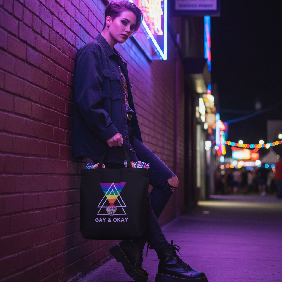 Person in urban setting holds Gay & OK Eco Tote Bag with rainbow triangle, embodying pride and empowerment. The scene’s vibrant neon lights enhance the tote's bold message of LGBTQIA+ visibility and self-expression.