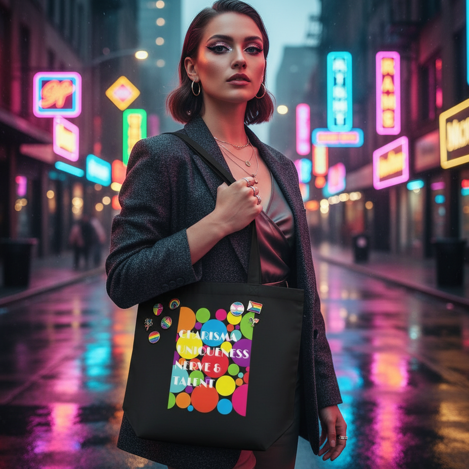 Model carrying a black tote with colorful circles, pins, and “Charisma Uniqueness Nerve & Talent” text