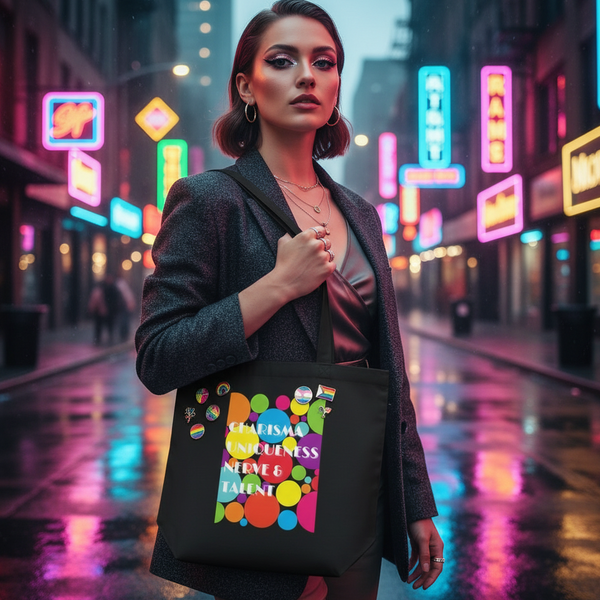 Model carrying a black tote with colorful circles, pins, and “Charisma Uniqueness Nerve & Talent” text