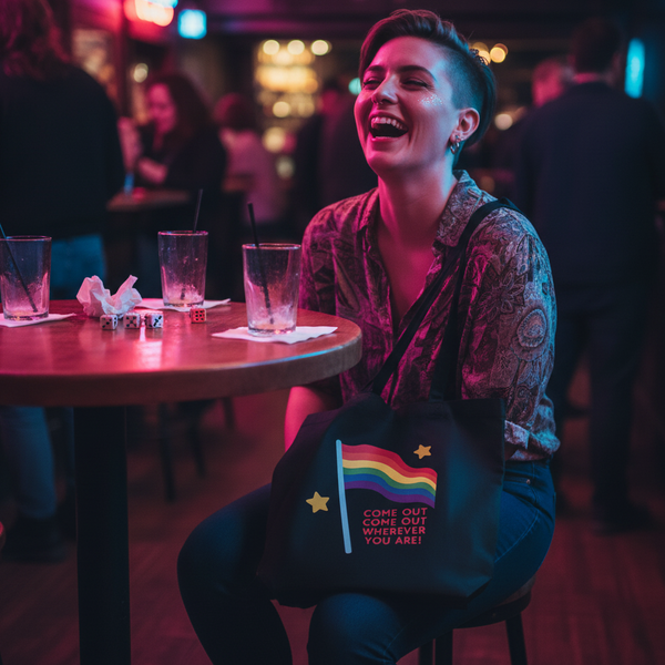 Laughing person holding a black tote bag with a rainbow flag and “COME OUT COME OUT WHEREVER YOU ARE!”