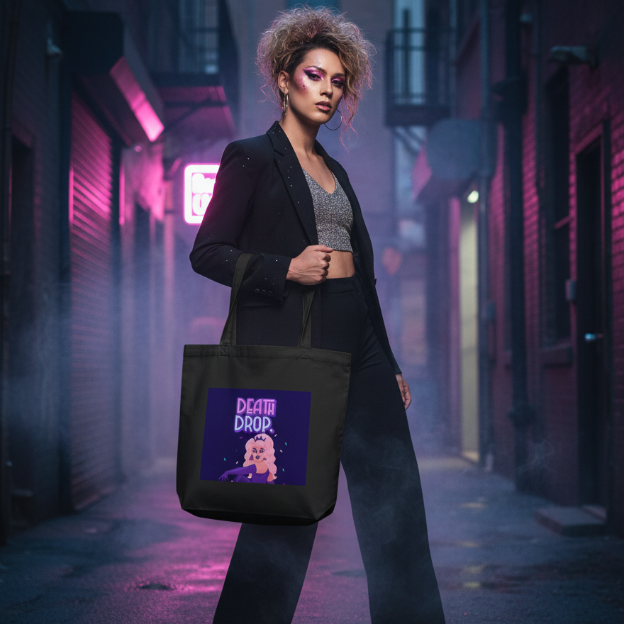Model holding a black tote with a colorful “DEATH DROP” cartoon graphic in a neon-lit alley