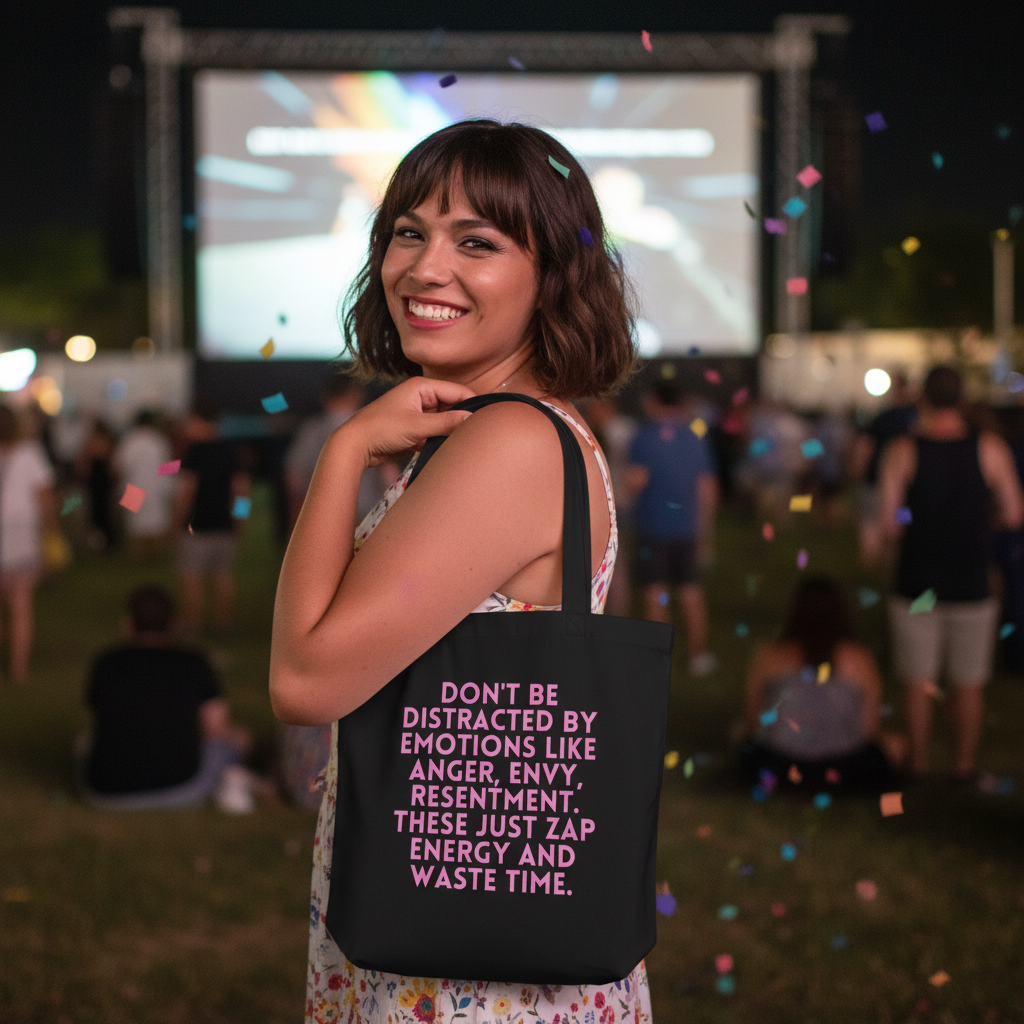 Eco tote bag with "Don't Be Distracted By Emotions" is held by a smiling woman at a nighttime queer event, confetti in the air.