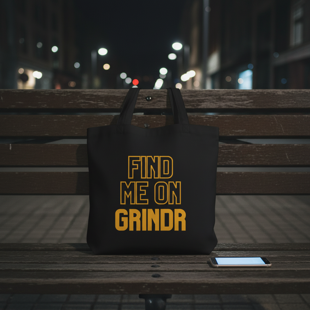 Eco tote bag with “Find Me On Grindr” in bold yellow on black, laid on a wooden bench at night next to a smartphone.