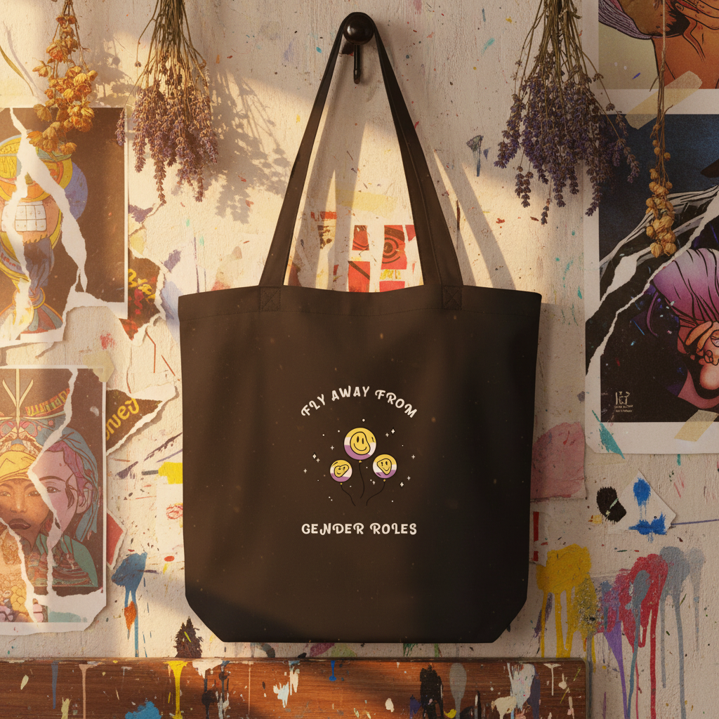 Eco tote bag in black organic cotton, decked out with bright smiling flowers and handwritten queer slogan: “Fly away from gender roles.”.