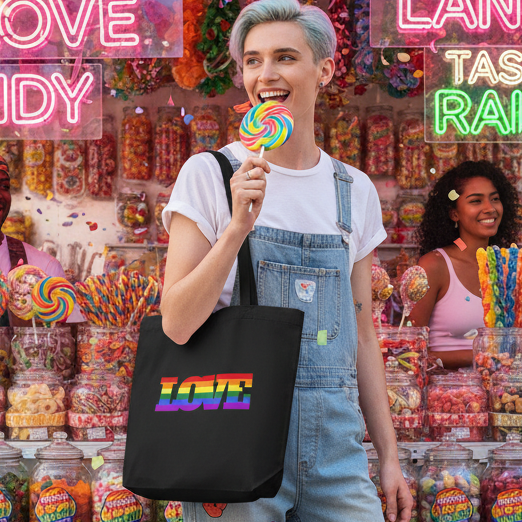 A young person joyfully showcases the Gay Love Eco Tote Bag, embodying queer pride with its “LOVE” rainbow design, amidst a vibrant candy shop, expressing empowerment and self-expression through bold, sustainable fashion.
