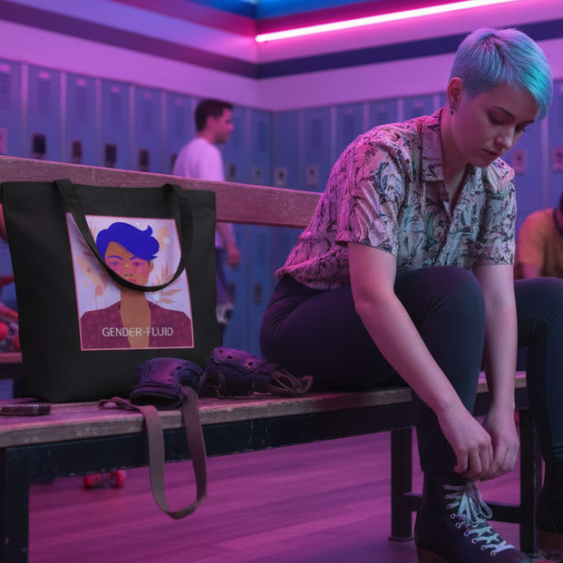 Person ties roller skate laces beside a Gender-fluid Eco Tote Bag on a bench in a skating rink. The tote, flaunting a bold portrait, embodies eco-friendly pride and self-expression.