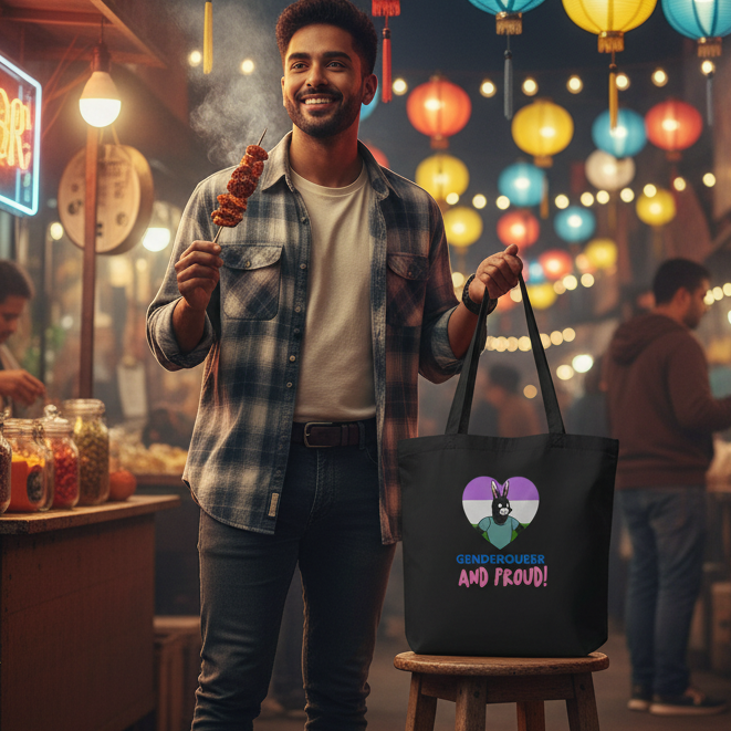Young man in vibrant street market holds a steaming skewer and wears the Genderqueer And Proud Eco Tote Bag featuring a pride-themed donkey illustration, celebrating LGBTQIA+ visibility and eco-consciousness.