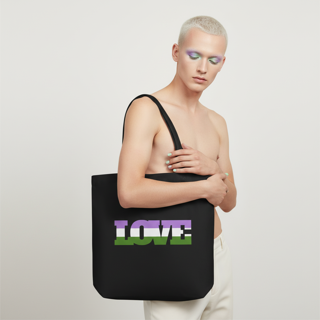 Genderqueer Love Eco Tote Bag with “LOVE” in purple, white, and green genderqueer flag stripes on a light gray background, held by a person with short blonde hair and bold eye makeup.