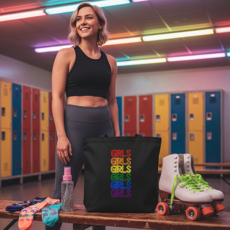 Young woman in a locker room with a black GIRLS Eco Tote Bag on a bench, featuring white skates, sparkly spray, and colorful socks. Embrace prideful, eco-conscious style with vibrant, inclusive energy.