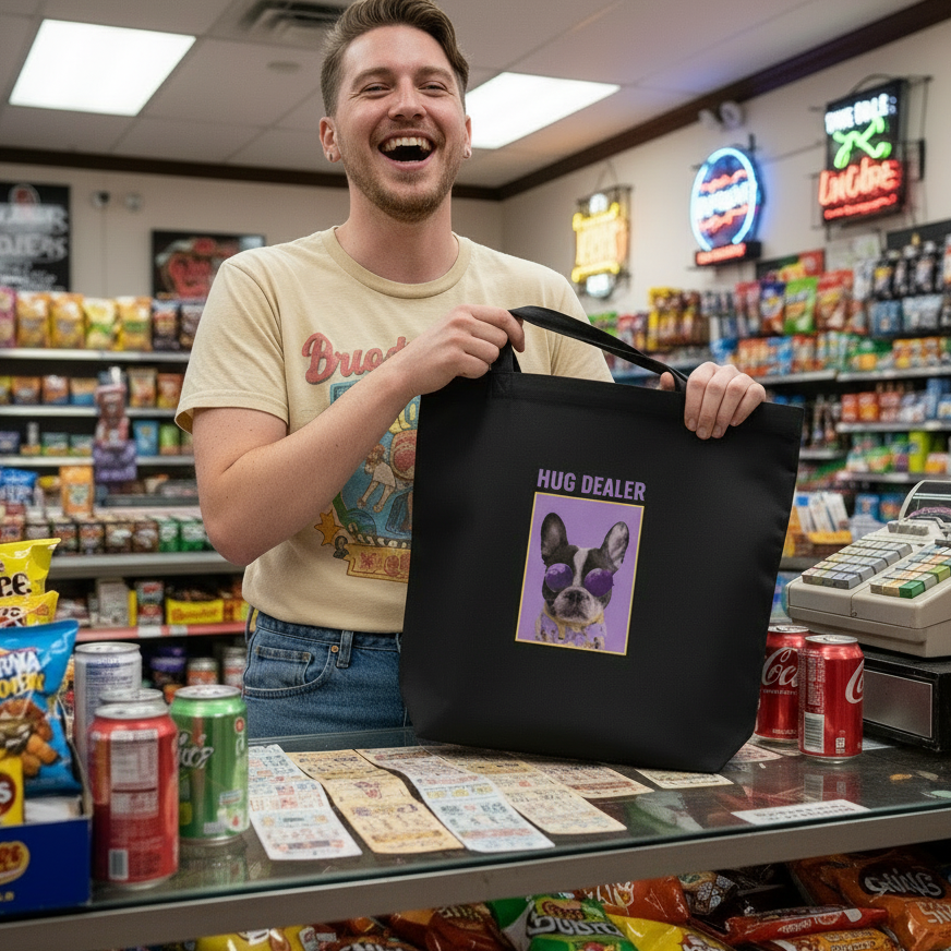 Smiling clerk holds HUG DEALER Eco Tote Bag, featuring a stylish purple-sunglasses-wearing French bulldog, at a convenience-store counter. Boldly embrace eco-conscious pride with this organic cotton statement piece.