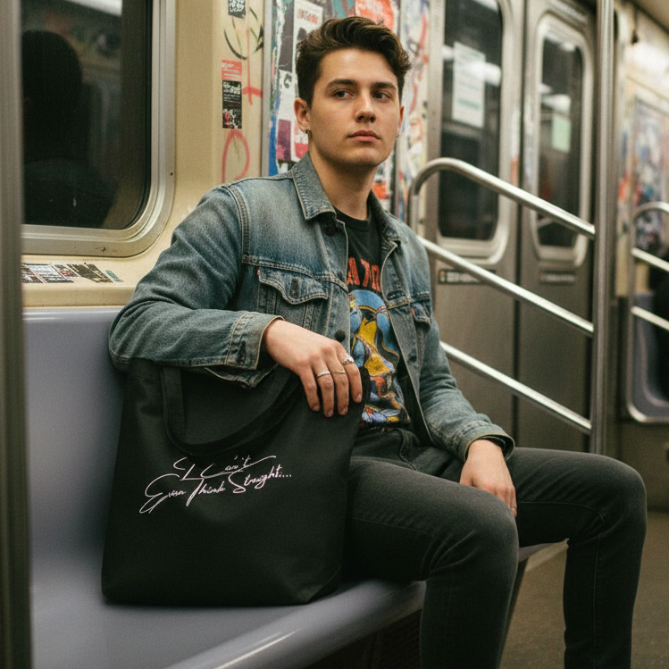 Young person seated on a subway holding a black tote reading “I Can’t Even Think Straight”