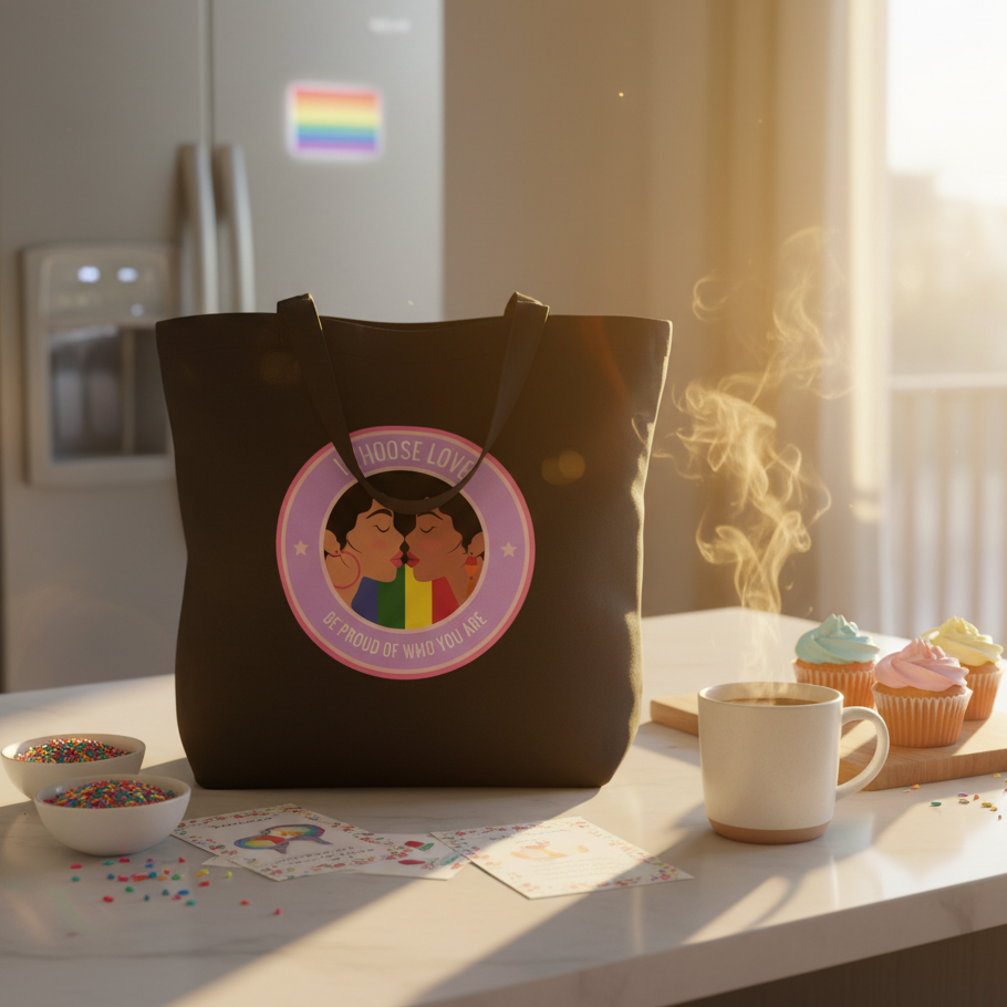 Black tote bag with a circular kissing-figures “I CHOOSE LOVE” graphic on a kitchen counter